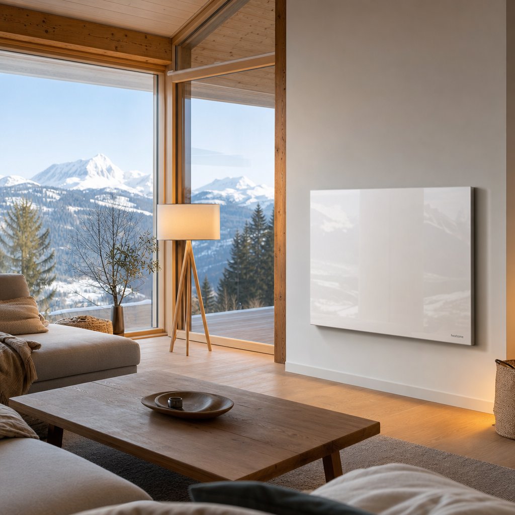 Infrared heating Switzerland — SunWave Ceramica ceramic panel in modern Swiss living room