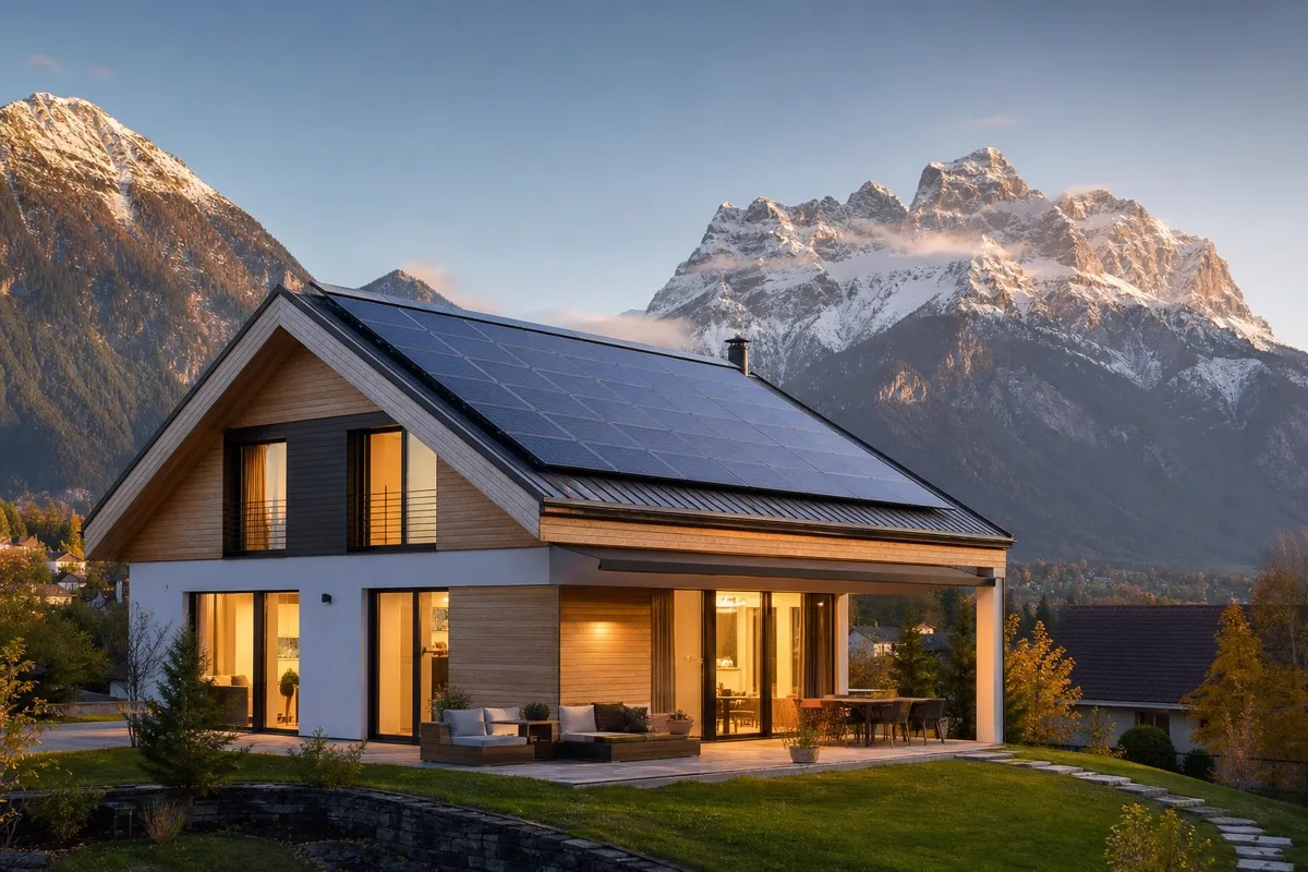 Schweizer Einfamilienhaus mit Solaranlage auf dem Dach und Infrarotheizung im Inneren, symbolisch für das Klimaschutzgesetz