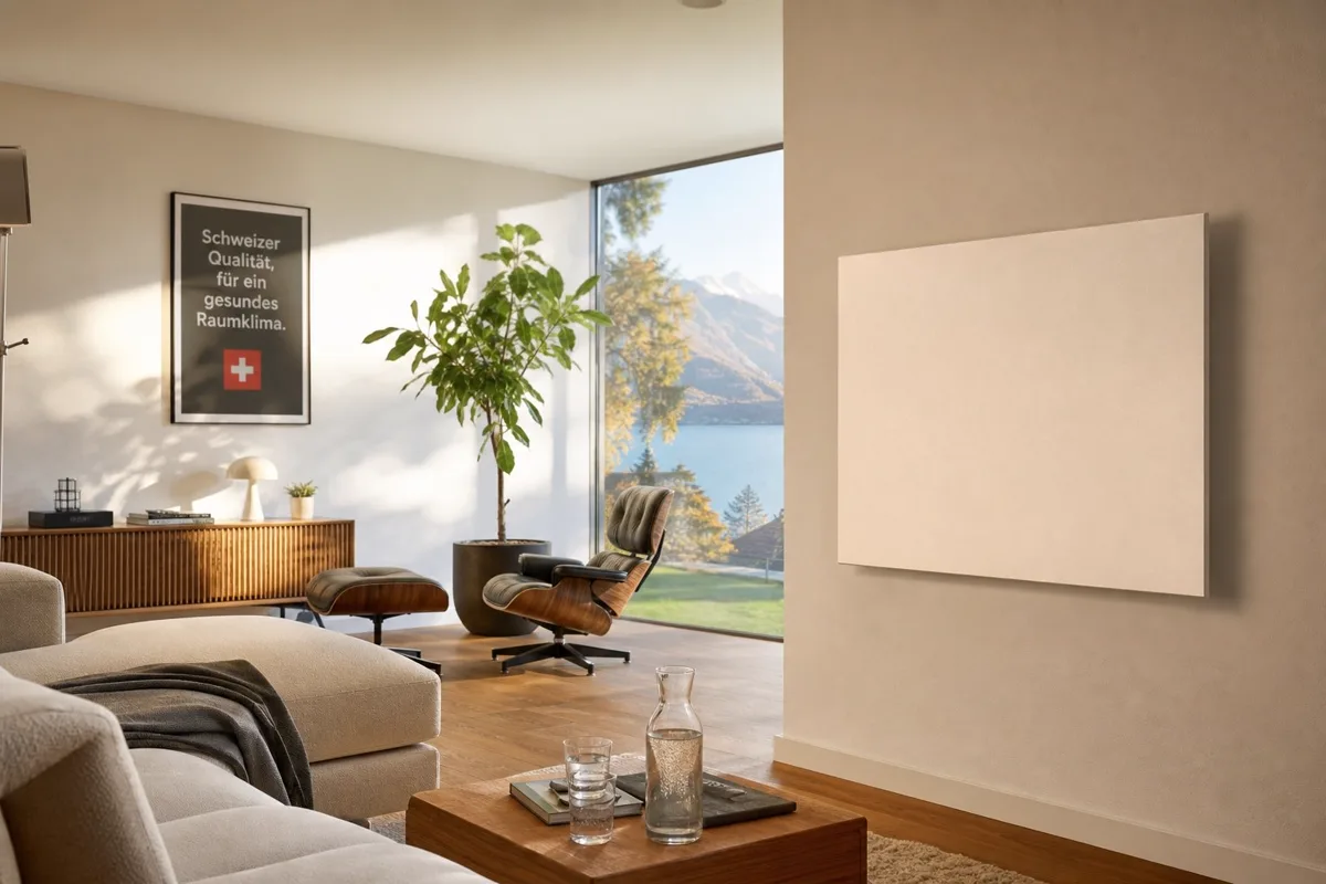 Helles Schweizer Wohnzimmer mit Infrarotheizpaneel an einer Aussenwand, das Feuchtigkeit und Schimmelbildung vorbeugt