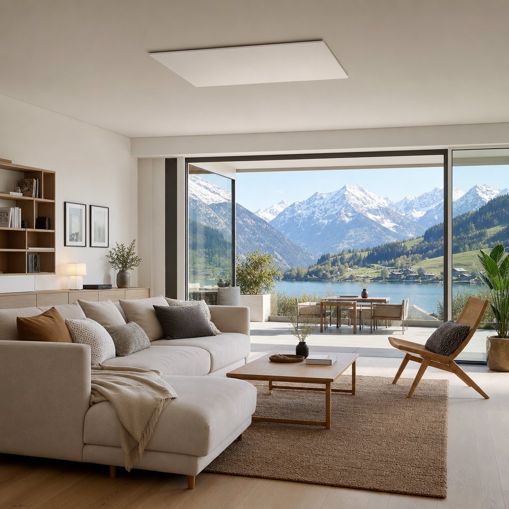 Ceiling-mounted infrared heating panel — SunWave Ceramica installed on white ceiling