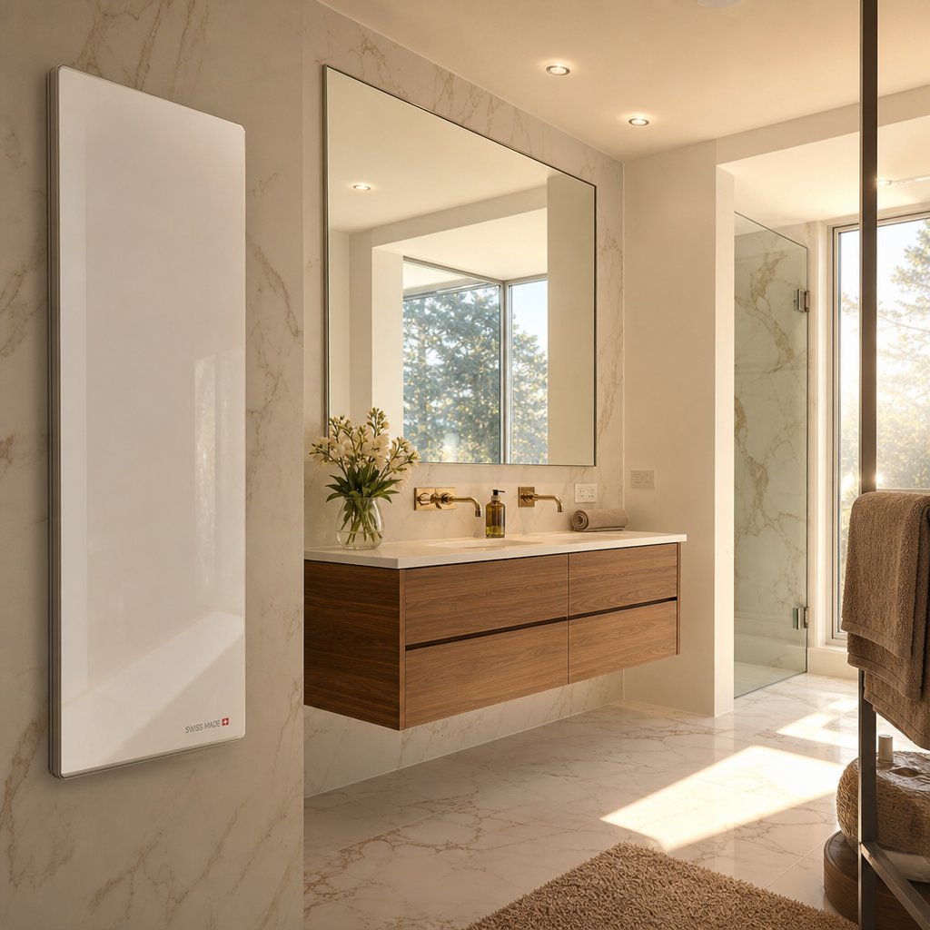 Infrarotheizung im Badezimmer Schweiz — SunWave Ceramica Paneel neben dem Spiegel