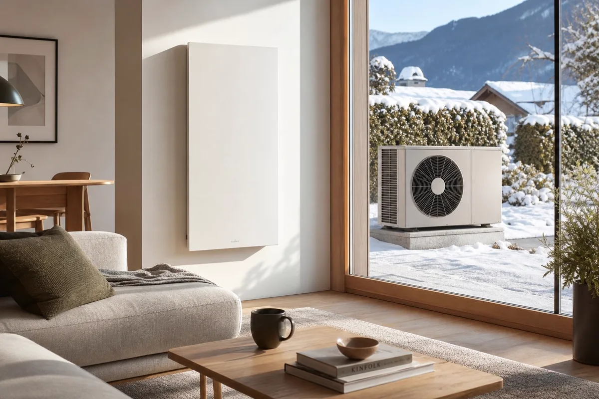 Ein SunWave-Infrarotpaneel an einer Wand neben einem Fenster, durch das eine Wärmepumpen-Aussenheinheit sichtbar ist — ehrlicher Technologievergleich
