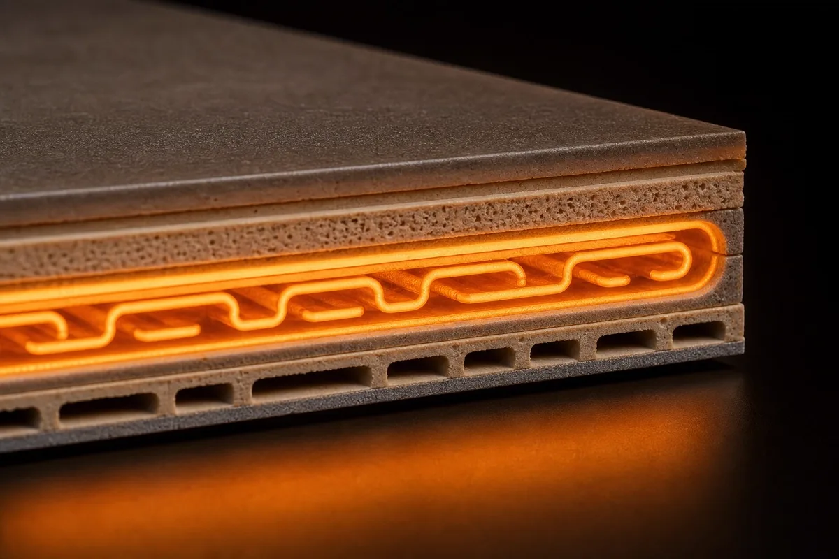 Close-up of a SunWave Ceramica infrared panel's ceramic surface glowing with warm radiant heat, with the heating element layers visible beneath