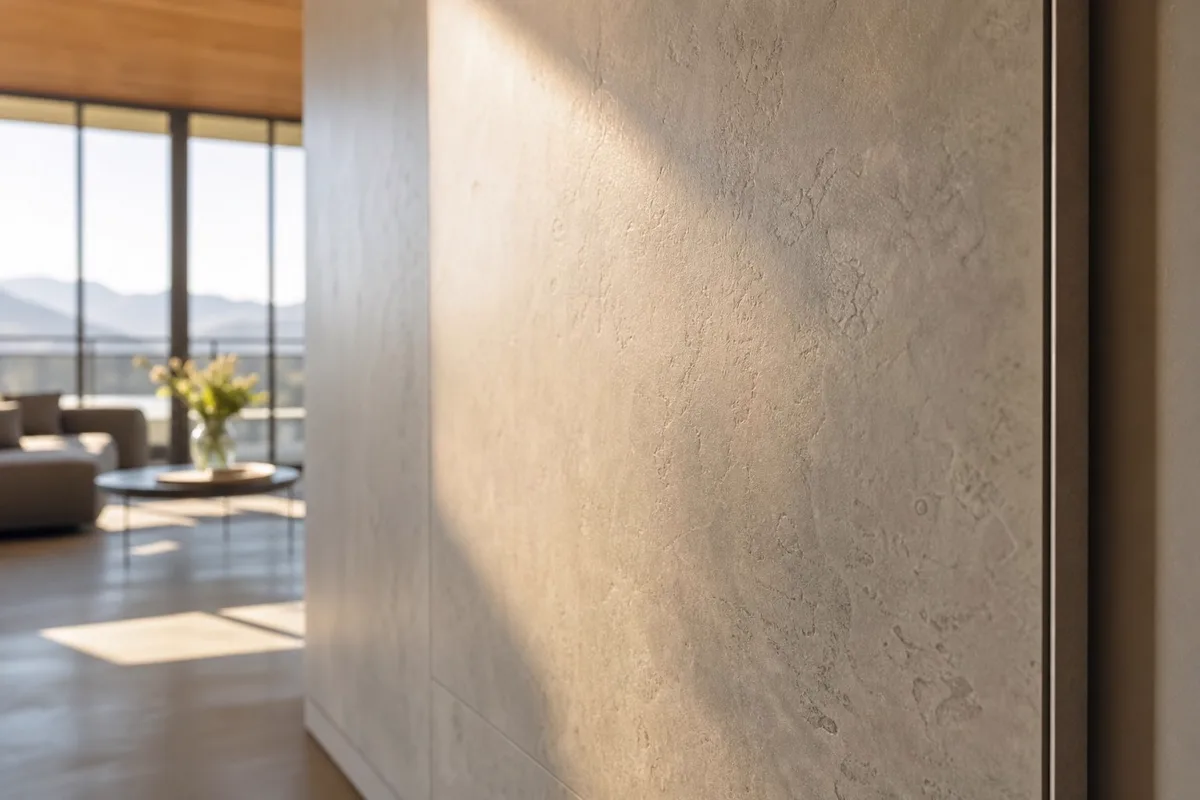 Close-up of a porcelain stoneware surface of a SunWave Ceramica infrared panel in warm light
