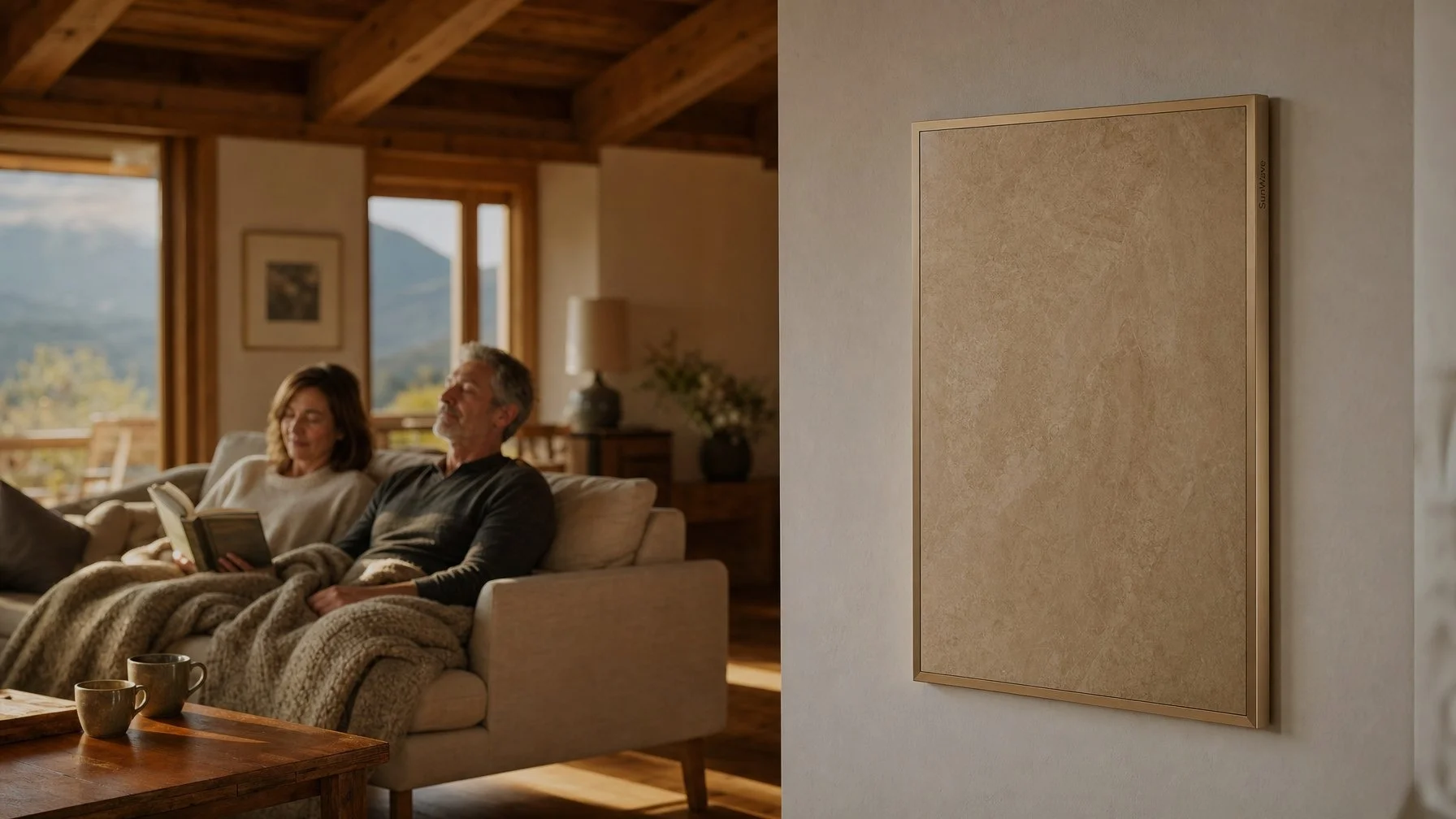 Swiss chalet living room with SunWave ceramic heating panel