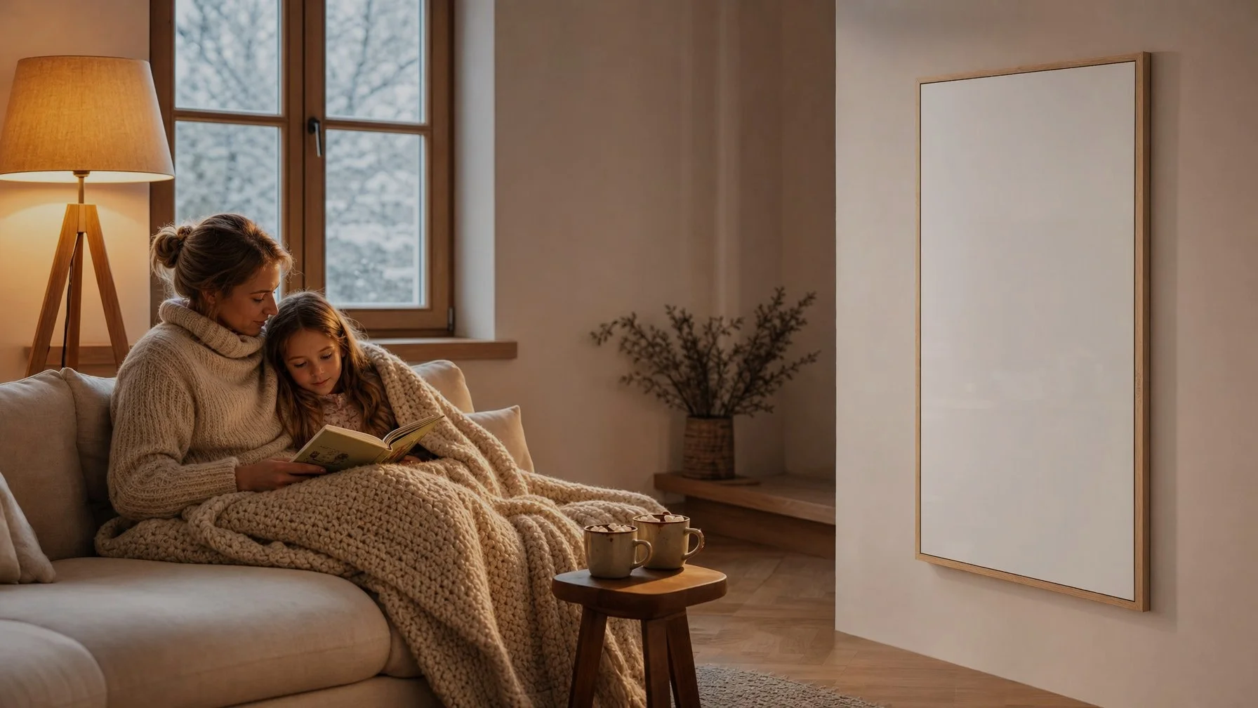 Swiss home living room with SunWave Ceramica ceramic infrared heating panel — replace gas boiler with infrared, MuKEn 2014 compliant