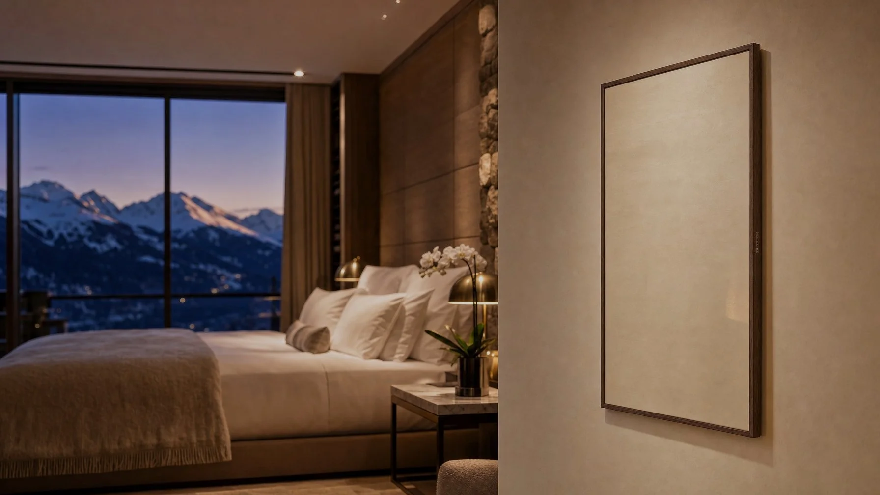 Swiss boutique hotel suite with SunWave Ceramica infrared heating panel — silent, dustless, designer finish for luxury hospitality