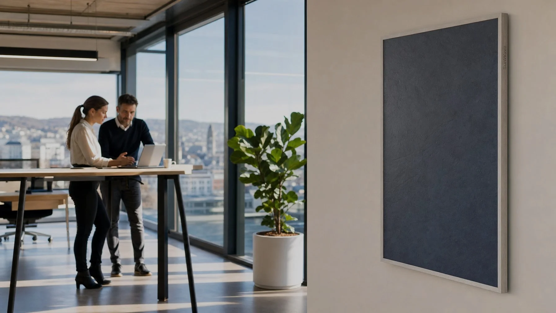Modern Swiss office with SunWave Ceramica infrared heating panel — zone heating, zero noise, 66% less energy than gas