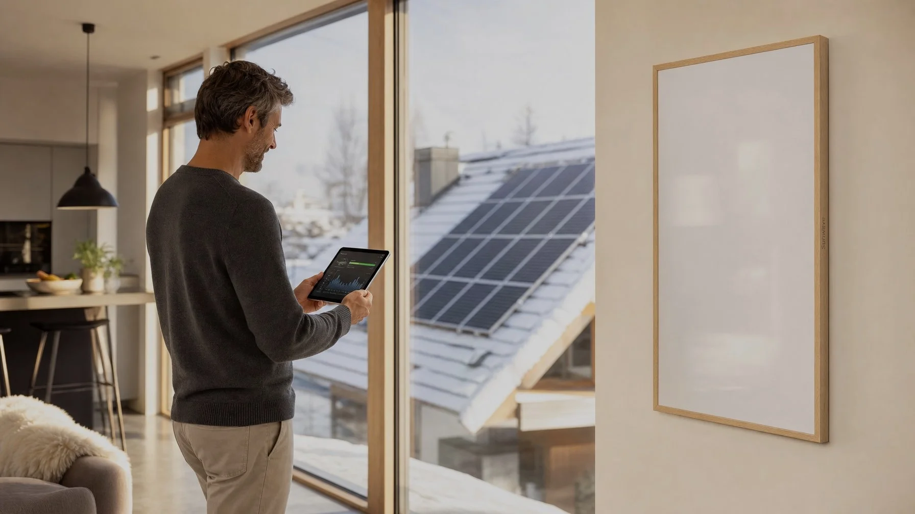 Swiss homeowner reviewing solar energy dashboard — SunWave Ceramica infrared panels paired with rooftop PV for 100% renewable heating