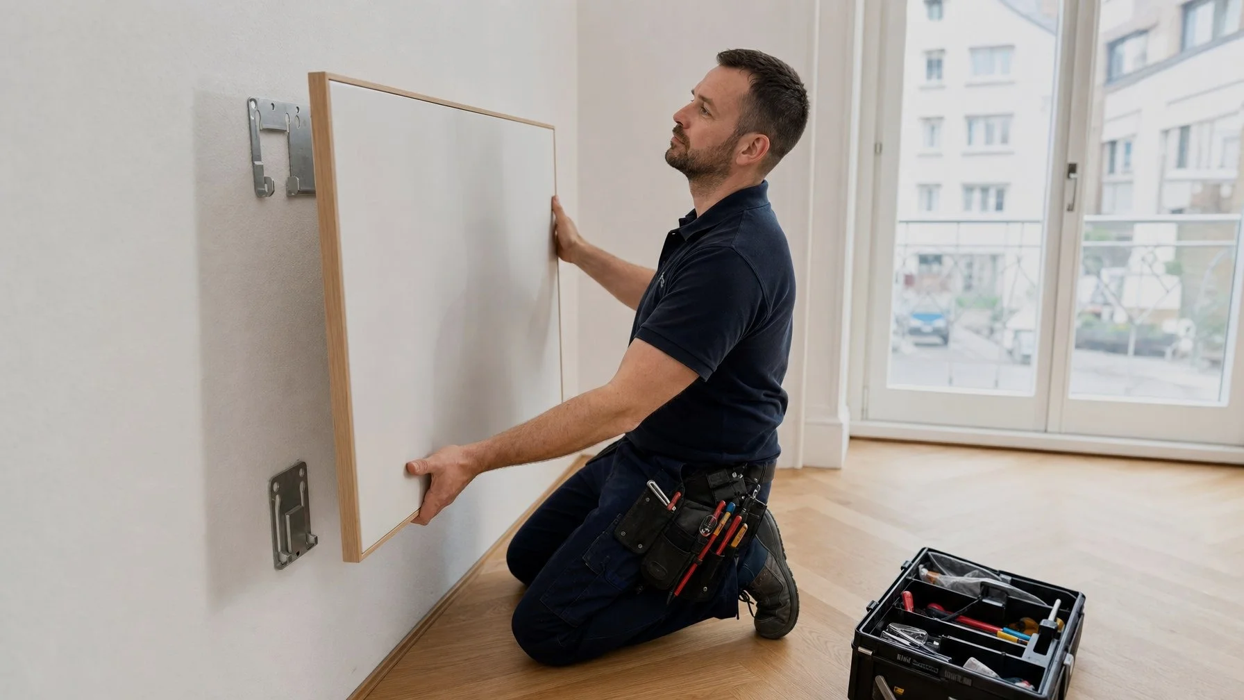 Certified Swiss electrician installing SunWave Ceramica ceramic infrared heating panel — no gas pipework, no renovation, 45 minutes per panel
