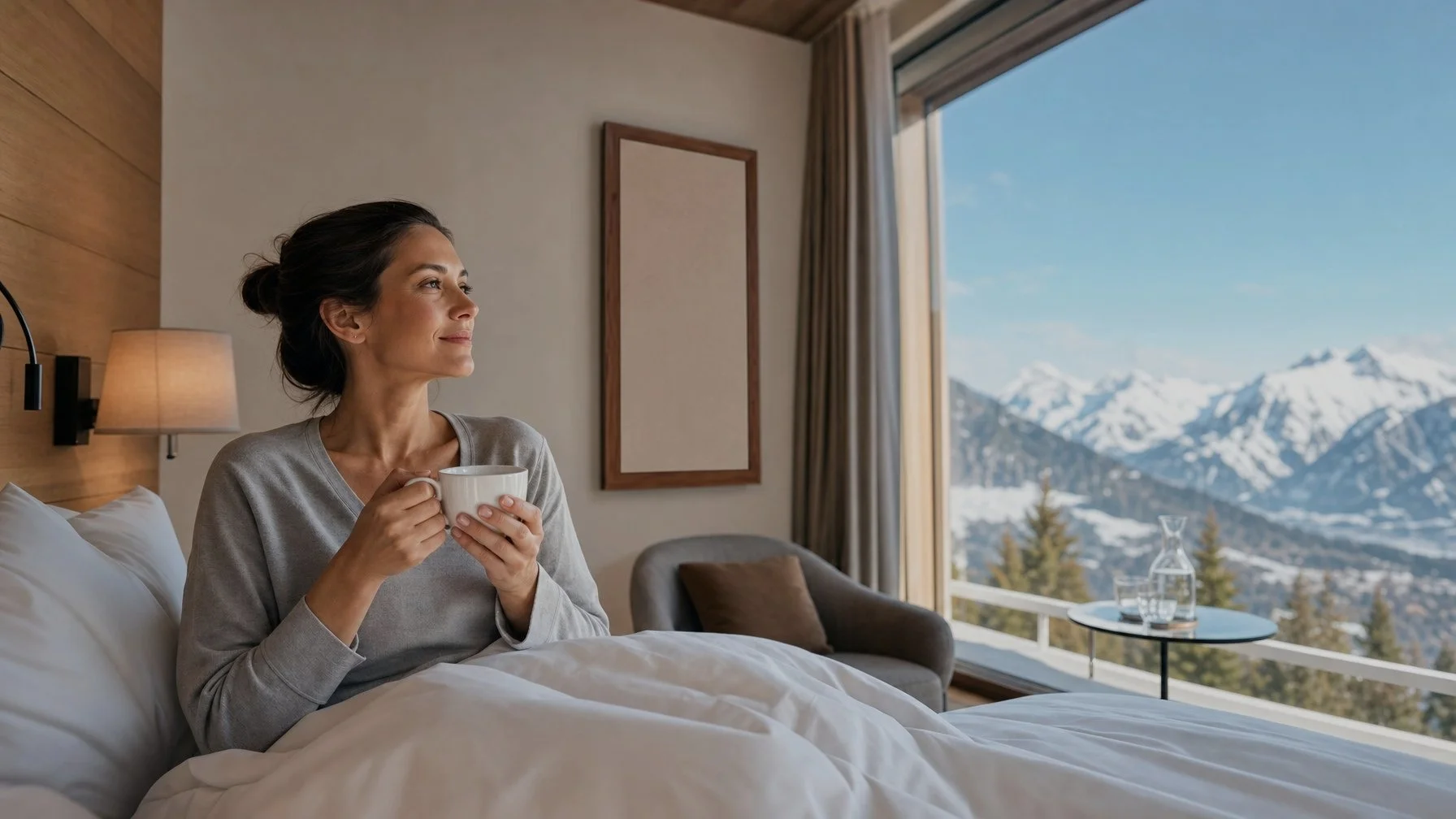 Hotel guest experiencing silent, comfortable infrared warmth in a Swiss boutique hotel room — no fan noise, no dry air, superior guest comfort