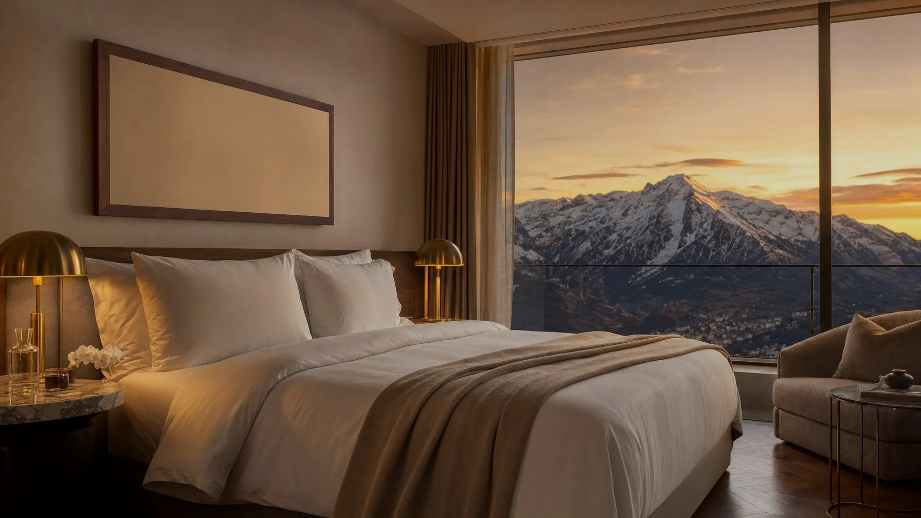 Five-star Swiss alpine hotel suite with SunWave Ceramica infrared heating panel — silent, zero-maintenance, elegant walnut wood frame