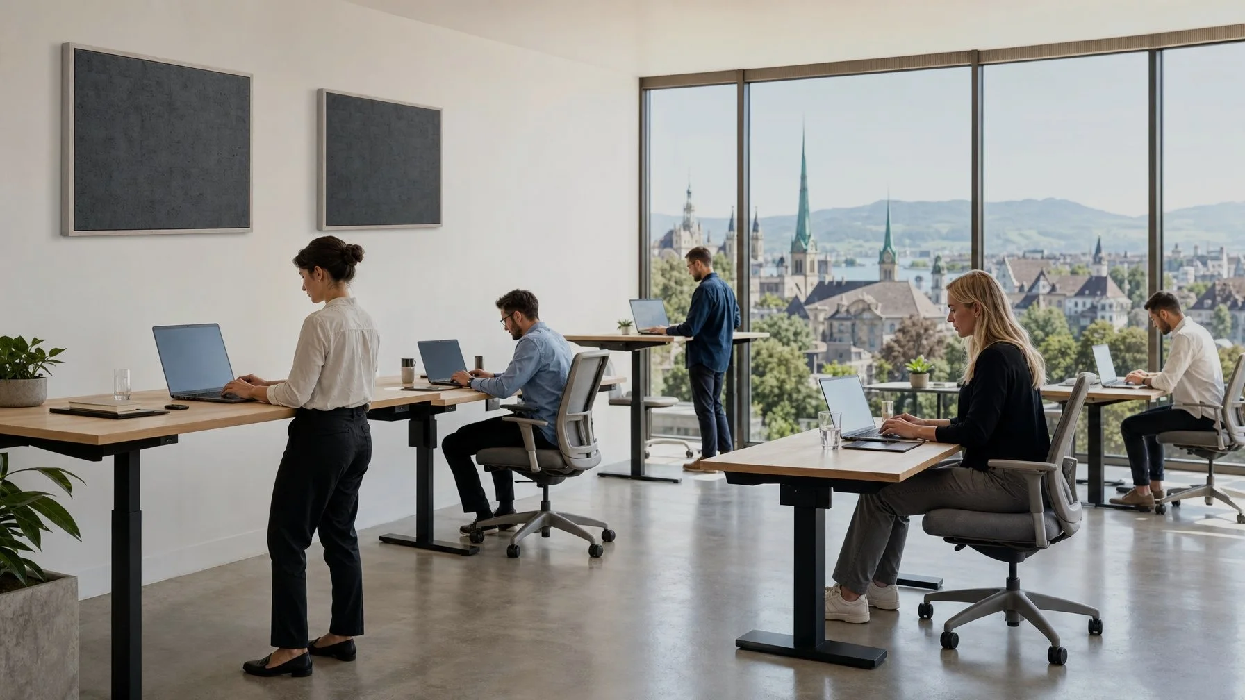 Modern Swiss open-plan office with SunWave Ceramica infrared heating panels installed above workstations — zone heating, zero HVAC noise, clean air