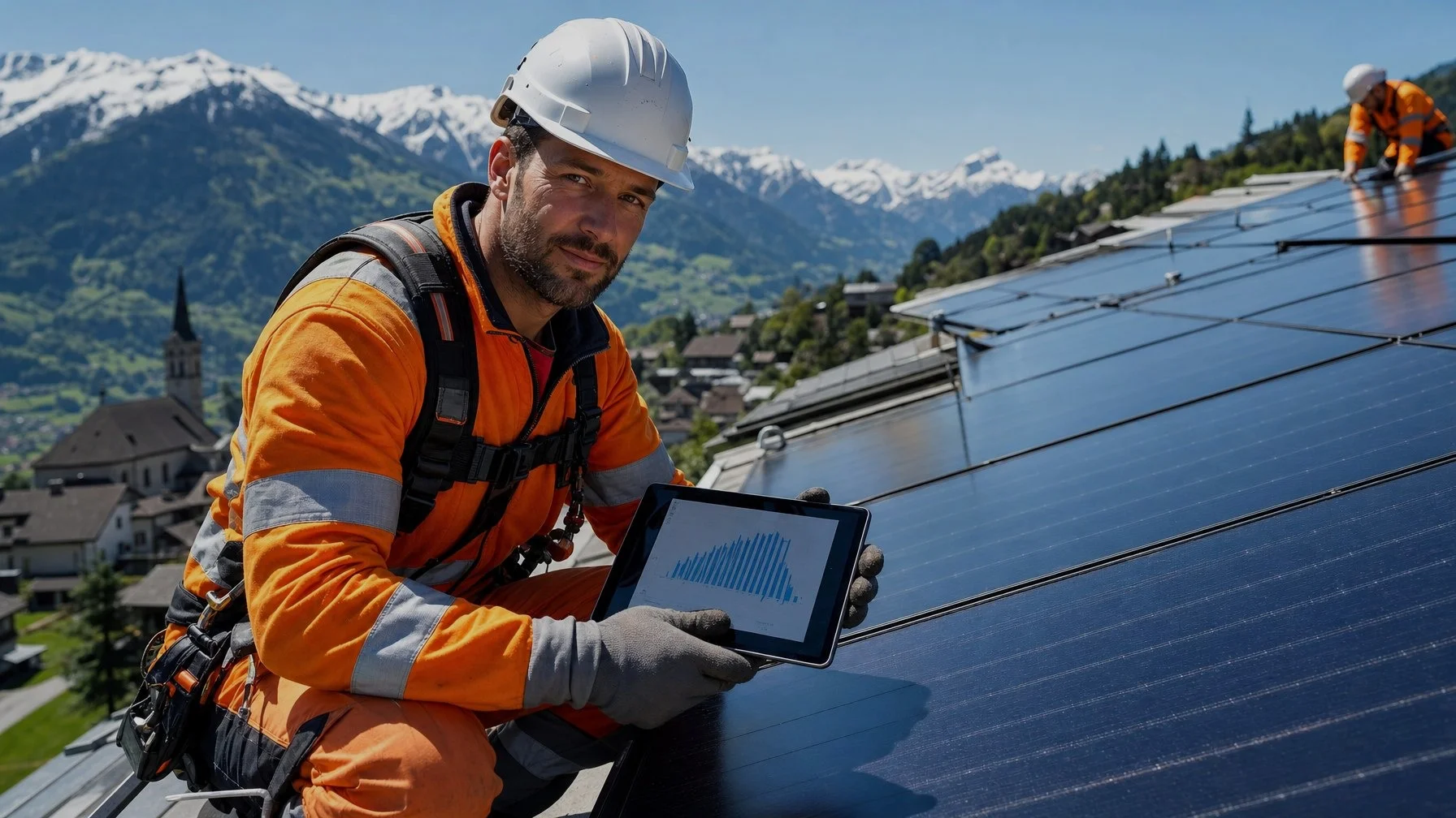 Professional Swiss solar installer reviewing PV system output — SunWave Ceramica infrared panels are the ideal solar self-consumption heating load