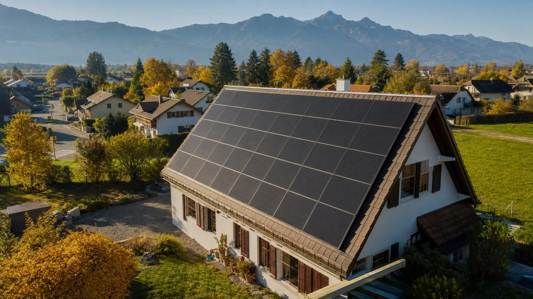 Swiss residential rooftop with photovoltaic solar panels — ideal solar self-consumption load for SunWave Ceramica infrared heating panels